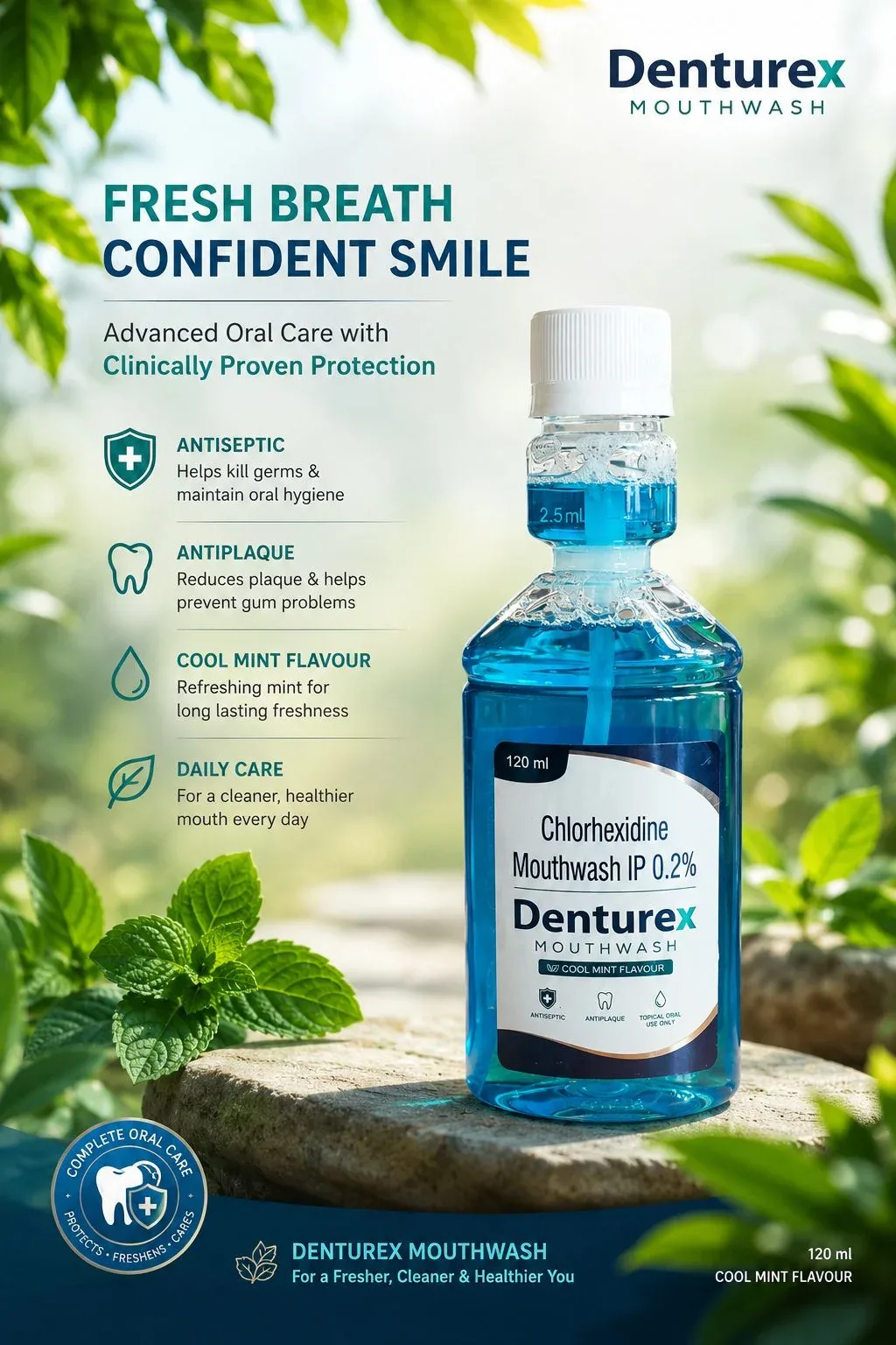 Denturex mouthwash bottle with product information artwork