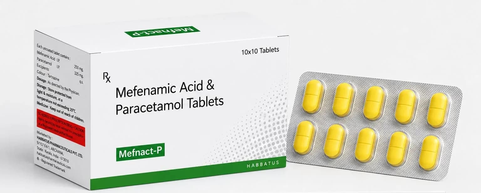 Mefnact-P tablet carton with a blister strip